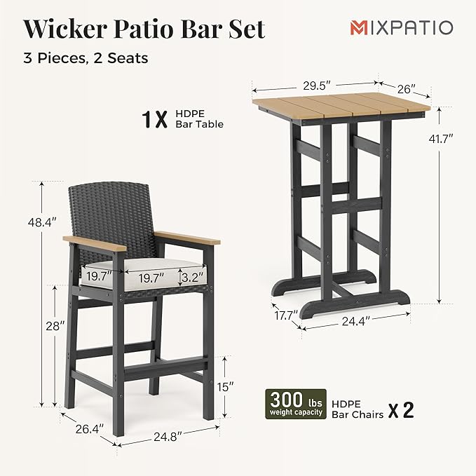3 Pieces Outdoor Bar Set, All-Weather Bistro Table and 2 Bar Stools with Wicker Backrest and Comfy Cushion, Outdoor Patio Bistro Height Table and Chairs Sets, for Deck, Backyard and Garden