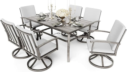 HAPPATIO 7 Piece Patio Swivel Dining Set, Aluminum Outdoor Dining Set for 6,Dining Table and Chairs Set, Patio Dining Furniture with Aluminum Table, Swivel Chairs and Washable Cushions (Gray)