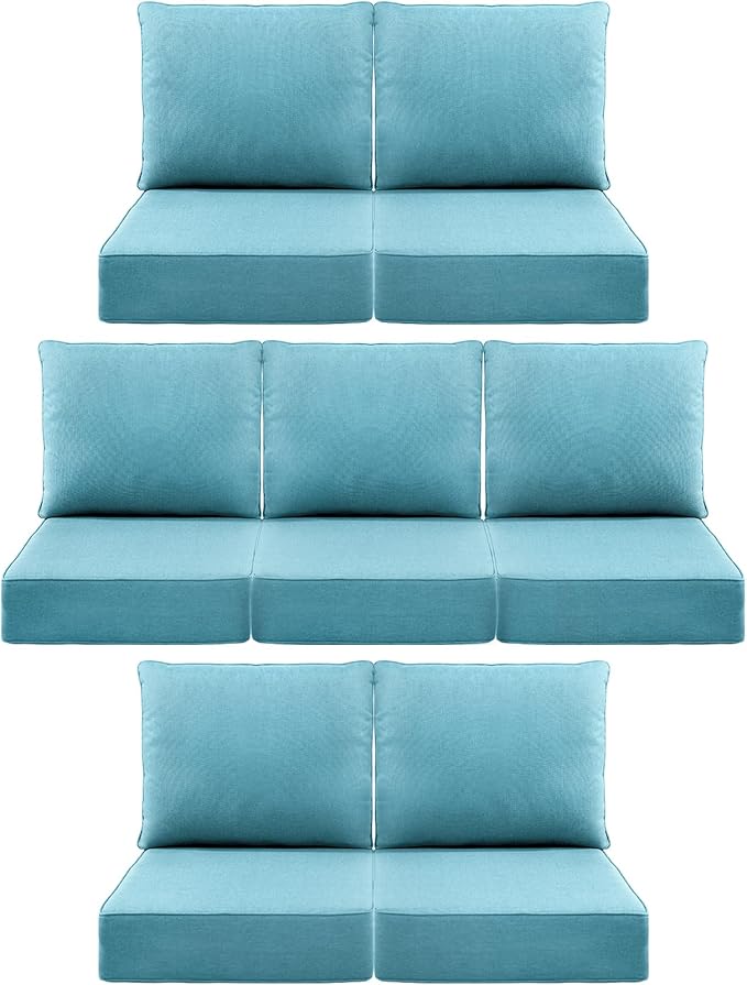 Luxury 6" Outdoor Cushions for Patio Furniture, 24x24x6" Thick Seat Cushion Set of 7, Fade Resistant Couch Chair Replacement Cushions High Density Deep Wicker Chair Cushion w/ Removable Cover, Teal