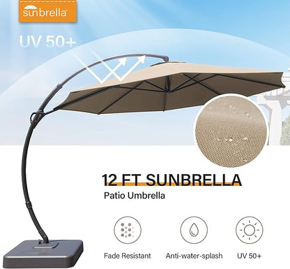LAUSAINT HOME Sunbrella Outdoor Patio Umbrella with Base Included, 12 FT Deluxe Curvy Cantilever Umbrella Offset Hanging Umbrella with 360° Rotation for Market, Pool, Deck, Garden, Backyard