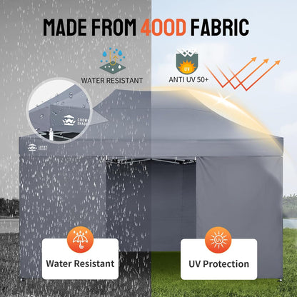 CROWN SHADES 10x15 Pop Up Canopy Tent, Thicken Frame Commercial Heavy Duty Tent with 4 Sidewalls 8 Stakes & 4 Sandbags & 4 Ropes, Outdoor Canopies for Events, Parties,Grey