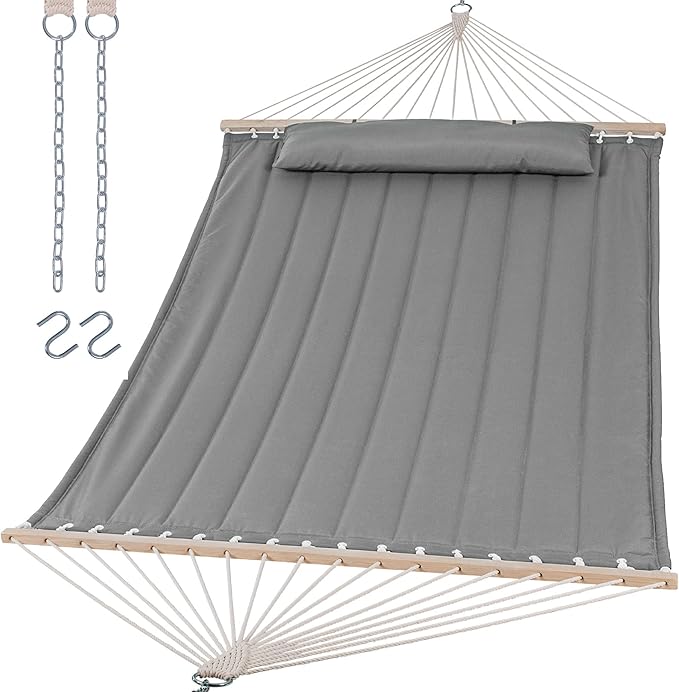 SUNCREAT Portable Double Hammock with Hardwood Spreader Bar, Extra Large Outdoor Hammock with Soft Pillow, 475 lbs Capacity, Light Gray