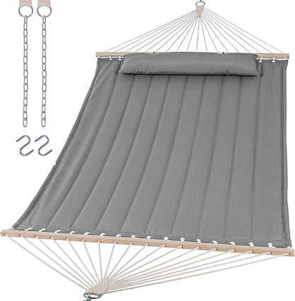 SUNCREAT Portable Double Hammock with Hardwood Spreader Bar, Extra Large Outdoor Hammock with Soft Pillow, 475 lbs Capacity, Light Gray