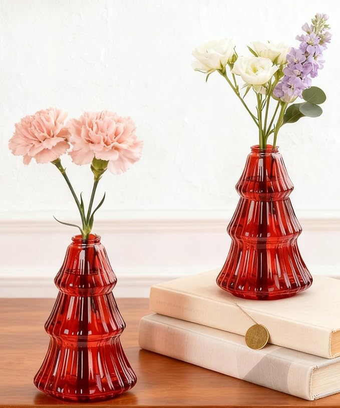 Nacome Christmas Tree Propagation Stations: 2PCS Plant Terrarium Glass Vases for Home Office Decor, for Plant Lovers Women Mom (Red)
