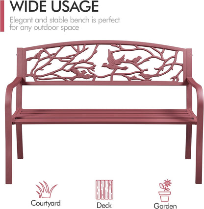 Yaheetech Outdoor Garden Bench Patio Furniture Chair Outdoor with Vintage Bird Pattern Backrest, Slatted Seat, Antique Metal Bench for Yard & Porch & Park, Red