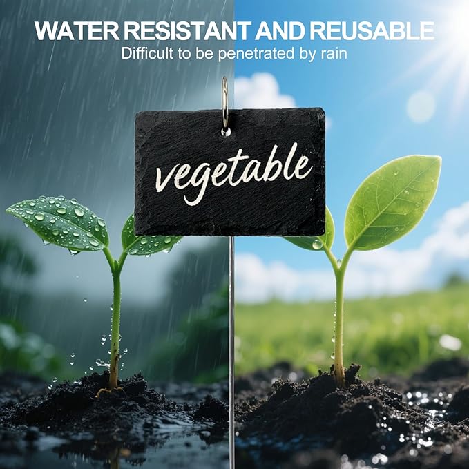 25 Pcs Plant Labels with Metal Stakes and Stone Chalks Reusable Hanging Slate Planter Markers Weatherproof Garden Tags for Seedlings Vegetable Flower Pot