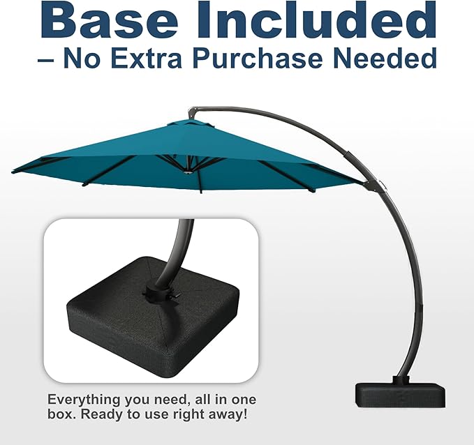 11FT Cantilever Umbrella with Base Large Curvy Outdoor Aluminum Offset Umbrella w/ 360° Rotation, UV Resistant Canopy for Patio, Garden, Backyard, Lake Blue