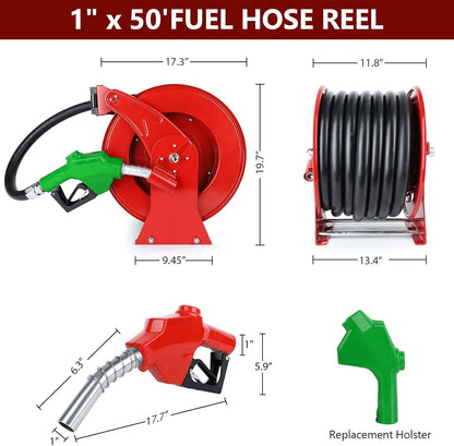 Fuel Hose Reel with Fueling Nozzle, 1" x 50FT Retractable Diesel Hose Reel, 300 PSI Industrial Heavy Duty Auto Swivel Rewind Hose Holder Reels, for Vehicle Tank Truck Trailer Ship