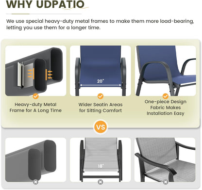 UDPATIO Patio Dining Set of 3, Outdoor Table and Chairs Set with Glass Table, 2 Stackable Patio Chairs with High Back, Outdoor Furniture Sets for Deck Garden Backyard Lawn Poolside (Blue)