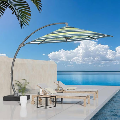 Kingdura 12ft Offset Cantilever Patio Umbrella with Base Included, Large Round Aluminum Outdoor Umbrella, 360° Rotation & Infinite Tilt, Heavy Duty Frame for Deck Pool Backyard, Green Stripe
