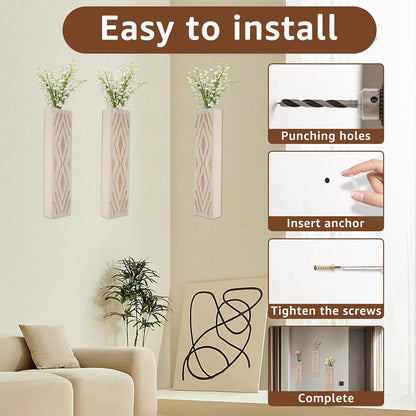 3PCS Wood Wall Planter for Indoor Plants, Wall Planter Vase, Stylish Wood Hanging Vase, Decorative Wood Wall Pocket Vase, Rectangular Hanging Planter for Living Room Bedroom Office(Beige)