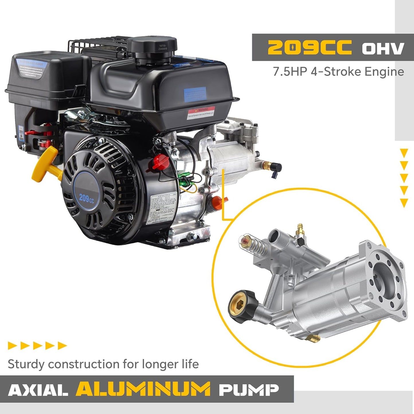 Gas Pressure Washer 3500 PSI 2.3 GPM, Power Washer with 209CC Engine, 25FT Hose, 4 Nozzles, High Pressure Cleaner for Cars, Driveways, Patios, Fences, Home Outdoor Cleaning