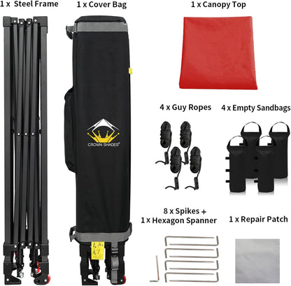 CROWN SHADES 10x10 Pop Up Canopy Tent - Patented Center Lock One Push Instant Outdoor Canopy Beach Tent with STO-N-Go Bag 8 Stakes & 4 Sand Bags，Red