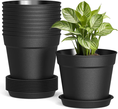 10 Pack 6 Inch Plant Pots with Drainage and Saucers, Black Plastic Flower Pots for Indoor and Outdoor Plants, Stackable Nursery Planters for Houseplants and Herbs, Black