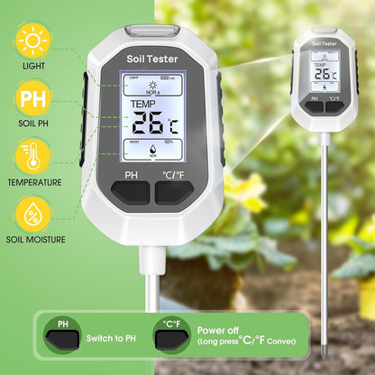 4-in-1 Soil Moisture Meter Digital Plant Temperature/Soil Moisture/PH Meter/Sunlight Intensity Backlight LCD Display Soil Test Meter for Gardening, Farming and Outdoor Plants