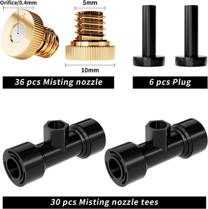 Misting Nozzles Kit Include 36 Pcs Misting nozzle 30 Pcs Misting 6 Pcs Plug nozzle tees for Outdoor Spray Cooling System (72 Pieces)