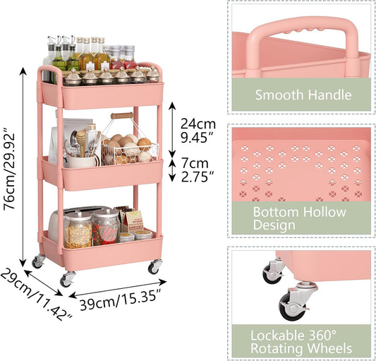 Sywhitta 3-Tier Plastic Rolling Utility Cart with Handle, Multi-Functional Storage Trolley for Office, Living Room, Kitchen, Movable Storage Organizer with Wheels, Pink