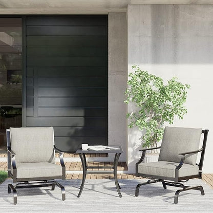 Grand patio 3-Piece Furniture Seating Motion Chairs Set Outdoor Bistro Set Patio Conversation Sets Glider Rocking Chair with Comfortable Gray Cushions Square Coffee Table for Garden Lawn & Poolside