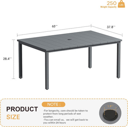 VICLLAX 63" Rectangle Patio Dining Table for 6, Outdoor Dining Table with Umbrella Hole, All Weather 6 Person Metal Patio Table for Lawn Garden, Grey Tabletop