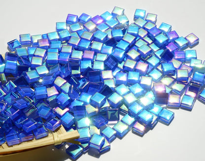 Iridescent Royal Blue Tiles for Mosaic Crafts, 300G Iridized Crystal Stained Glass Pieces for Mosaic, 1x1 cm Square Glass Tiles Great for Mosaic Art Supplies, Mosaic Tiles Home Decoration
