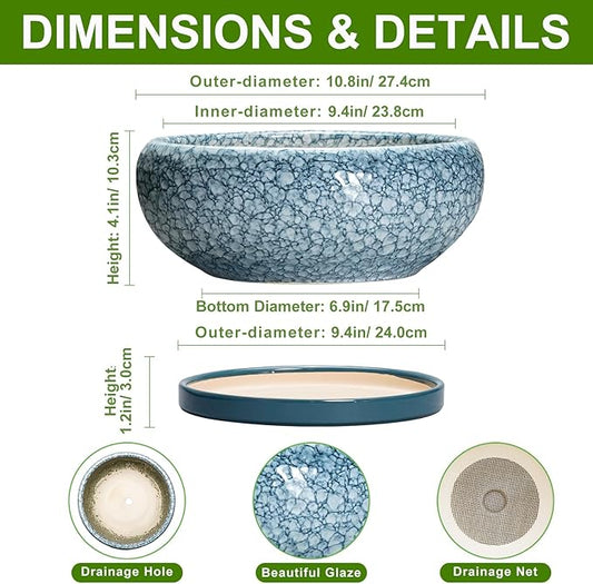 Bonsai Pots 10 Inch - Ceramic Succulent Planters with Drainage Hole and Saucer, Succulent Pots for Indoor Outdoor, Shallow Flower Pot, Round Planter, Patio Decor, Housewarming Gifts, Blue