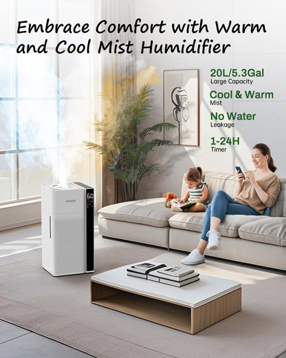Mifasol Humidifier Large Room Warm and Cool Mist, 5.3Gal/20L Humidifiers for Home 1500 sq ft, Double Nozzles Whole House Humidifier, Humidifiers for Bedroom Plants Office Commercial Large Areas, White