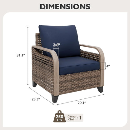 EAGLE PEAK Modern Wicker Outdoor Chair, Patio Chair Curved Armrest, Rattan Patio Furniture for Yard Deck Porch Garden, 1 Chair, Brown/Blue