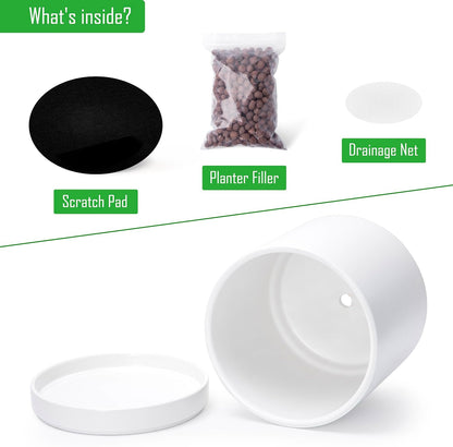 D'vine Dev 8.2 Inch & 10 Inch Ceramic Planter Pot for Plants with Drainage Hole and Saucer, Large Plant Pots Set, White, 94-G-L-1