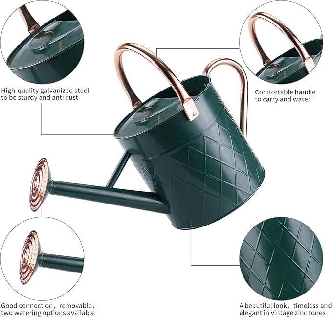 1.75 Gallon Outdoor Metal Watering Can for Garden Plants, Vintage Zinc Watering Can with Removable Spray Spout, Ideal for Outdoor Use (Green)