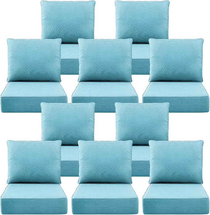 Luxury 6" Outdoor Cushions for Patio Furniture, 24x24x6" Thick Seat Cushion Set of 10, Fade Resistant Couch Chair Replacement Cushions High Density Deep Wicker Chair Cushion w/ Removable Cover, Teal