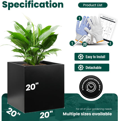 Galvanized Steel Planter Box Black Metal Planter Large Square Indoor Outdoor Planters Cube Steel Heavy Duty Flower Pot 20Inch Powder Coating Modern Commercial Residential for Patio, Deck, Yard, Garden