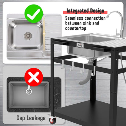 35” Outdoor Grill Cart with Sink, Outdoor Kitchen Sink Station with Hose Hook Up, Free Standing Sink with Wheels, Stainless Steel Sink with Single Bowl, Outdoor Utility Sink with Faucet