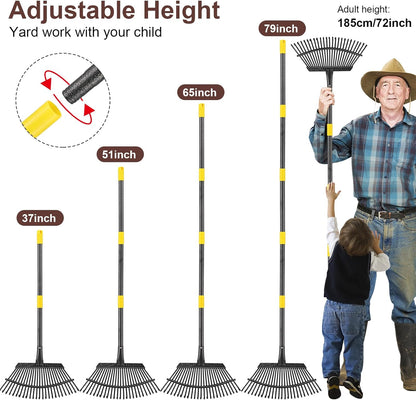 Metal Garden Rake, 6FT Rake for Leaves Lawns, 25 Metal Tines 18 inch Wide with Adjustable Handle Heavy Duty Yard Leaf Rakes for Gardening