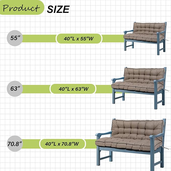 Swing Replacement Cushions with Backrest, 2 or 3 Seater Waterproof Non-Slip Overstuffed Swing Pad, Indoor/Outdoor Bench Cushion for Porch Chair Garden Furniture (Khaki, 40 * 63 in)