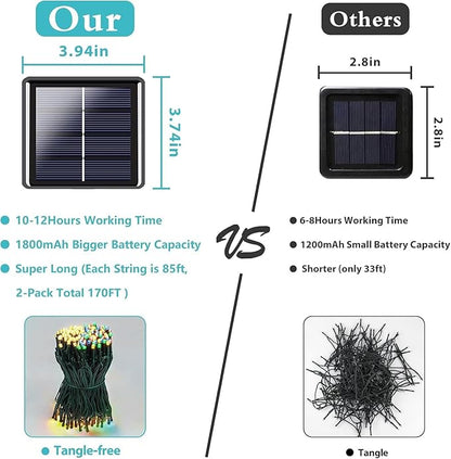 2 Pack 480 LED Solar Chrismas Lights Outdoor, 170 FT Solar String Lights for Outside with 8 Modes & Memory Function, Waterproof Twinkle Light for Xmas Tree Party Decorations (Warm White & Multicolor)