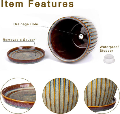 Oairse Ceramic Pots for Indoor Plants, 4.9 +5.7 inch Set of 2 Brown Plant Pots with Drainage Holes and Saucers Texture Ceramic Planters Indoor Outdoor Flower Planters for Succulent