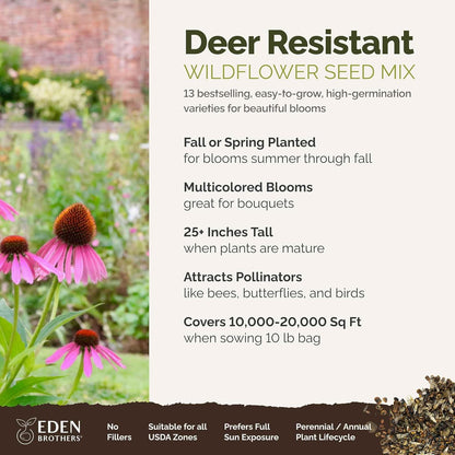 Eden Brothers Deer Resistant Wildflower Mixed Seeds for Planting, 10 lb, 4,800,000+ Seeds with Foxglove, Forget Me Not | Attracts Pollinators, Plant in Spring or Fall, Zones 3, 4, 5, 6, 7, 8, 9, 10