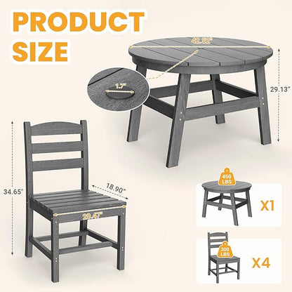 Pamapic 5 PCS Round Outdoor Dining Set, HDPE Outdoor Table and Chairs with 105° Ergonomic Backrest, Wood Grain Patio Dining Table with Umbrella Hole, Gray
