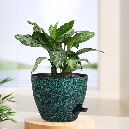 12 inch Large Self Watering Pots for Indoor Outdoor Plants, Flower Plant Pots with Mesh Drainage Holes for Garden House Plants, Plastic Planters for Home, Black with Green Speckles