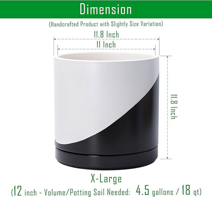 D'vine Dev 12 Inch Ceramic Planter Pot with Drainage Hole and Saucer, Indoor Cylinder Round Planter Pot, Oblique Monochrome Black and White, 94-O-F-K