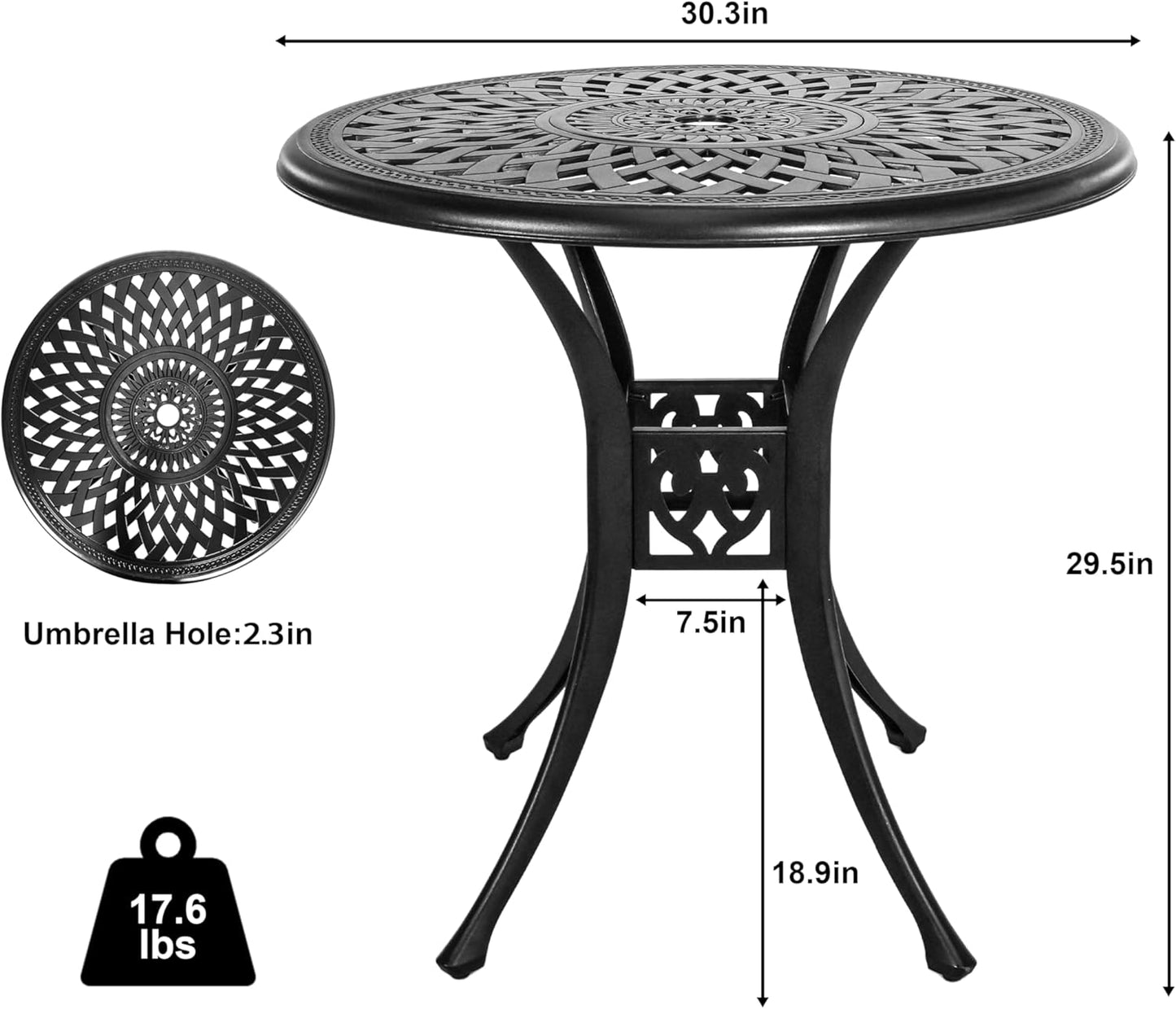 30.3 Inch Round Patio Table Cast Aluminum Patio Table,Metal Patio Dining Table with Umbrella Hole,All Weather Outdoor Bistro Dining Table for Backyard, Garden, Balcony, Black