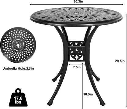 30.3 Inch Round Patio Table Cast Aluminum Patio Table,Metal Patio Dining Table with Umbrella Hole,All Weather Outdoor Bistro Dining Table for Backyard, Garden, Balcony, Black