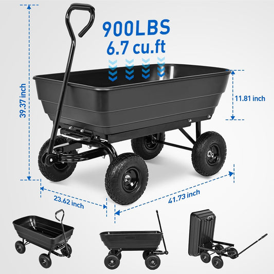 Yesker Garden Carts - 900lbs Dump Wagon with All Terrain Inflatable Wheels for Yard Lawn Farms Gardening - Heavy Duty Utility Outdoor Hauling Wheelbarrow