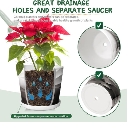 8 Inch Indoor Plant Pot with Drainage Holes and Saucers, Ceramic Planter for Plants, Succulent Orchid Flower Pots(Dark Gray+White)