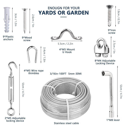 3/16 Wire Rope Kit, 100ft Vinyl Coated Galvanized Steel Cable with M5 Turnbuckles for Cables Wire, Rope Clamp & Thimble, 7X7 Strand Aircraft Cable for Anchored Shed, Fencing, Sunshade