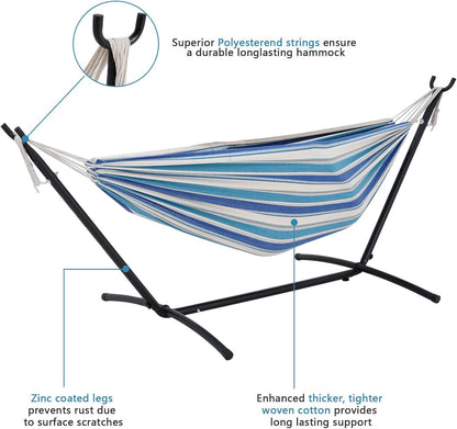Double Hammock with Stand Included 450lb Capacity Space Saving Steel Stand,Premium Carry Bag Included,Suit for Outside,Indoor,Yard,Camping(Ocean).