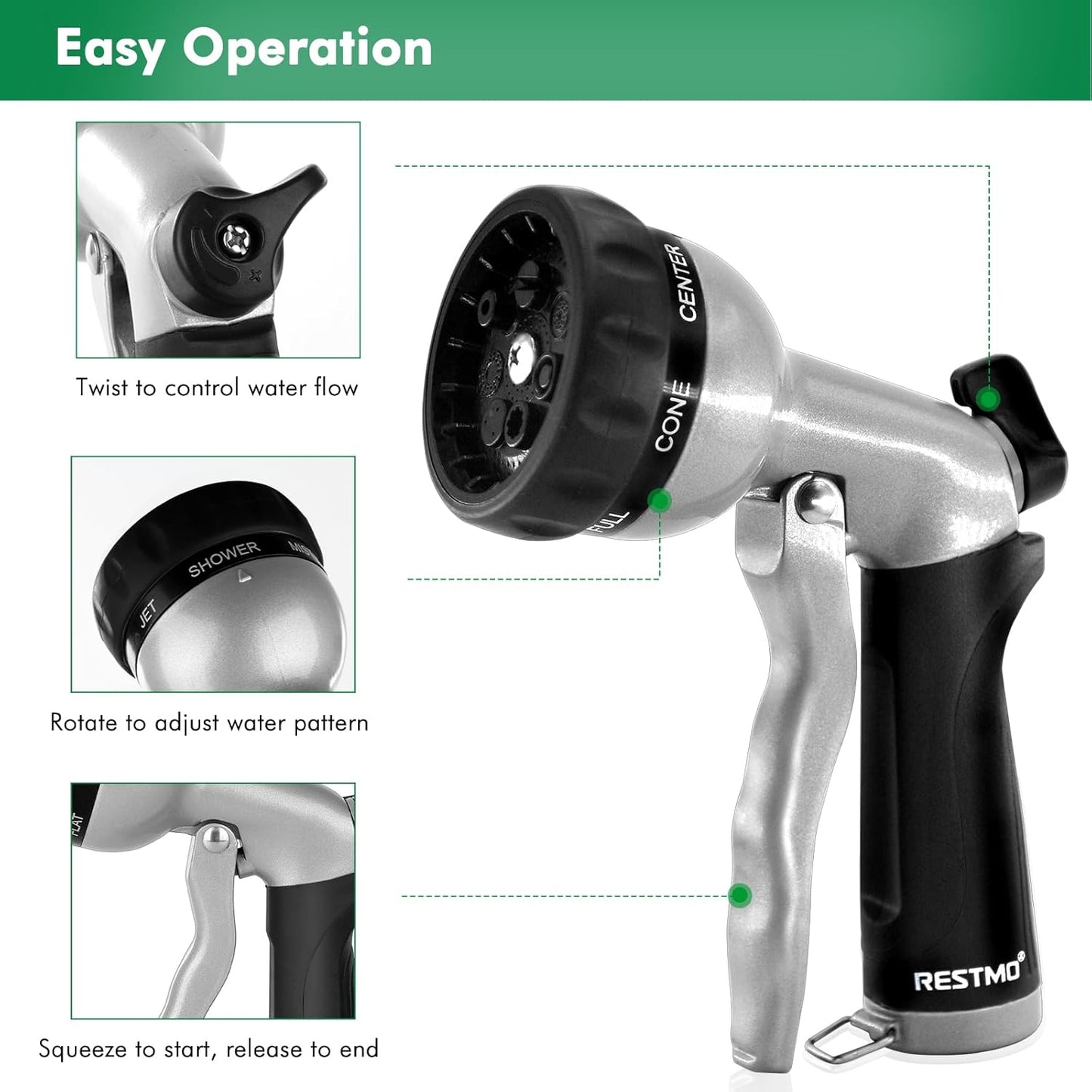 RESTMO Garden Hose Nozzle, Heavy Duty Metal Water Nozzle with 7 Adjustable Spray Patterns, High Pressure Hand Sprayer with Flow Control, for Watering Plants & Lawns, Washing Cars & Pets, Black