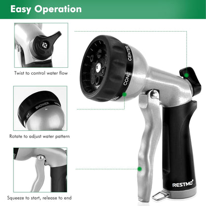 RESTMO Garden Hose Nozzle, Heavy Duty Metal Water Nozzle with 7 Adjustable Spray Patterns, High Pressure Hand Sprayer with Flow Control, for Watering Plants & Lawns, Washing Cars & Pets, Black