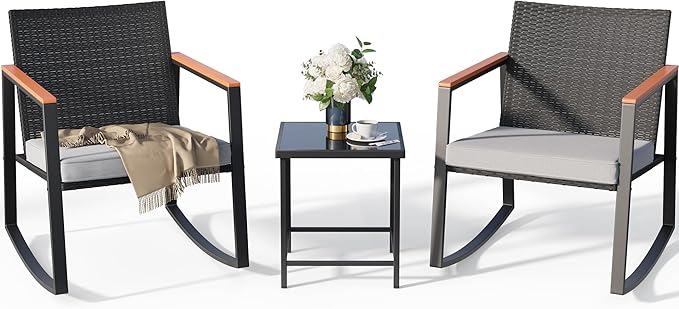 Gizoon 3 Pieces Rocking Patio Bistro Set with Anti-Scald Armrest, Outdoor Patio Wicker Furniture Set with Glass Table and Cushion for Garden, Yard, Porch