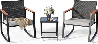 Gizoon 3 Pieces Rocking Patio Bistro Set with Anti-Scald Armrest, Outdoor Patio Wicker Furniture Set with Glass Table and Cushion for Garden, Yard, Porch